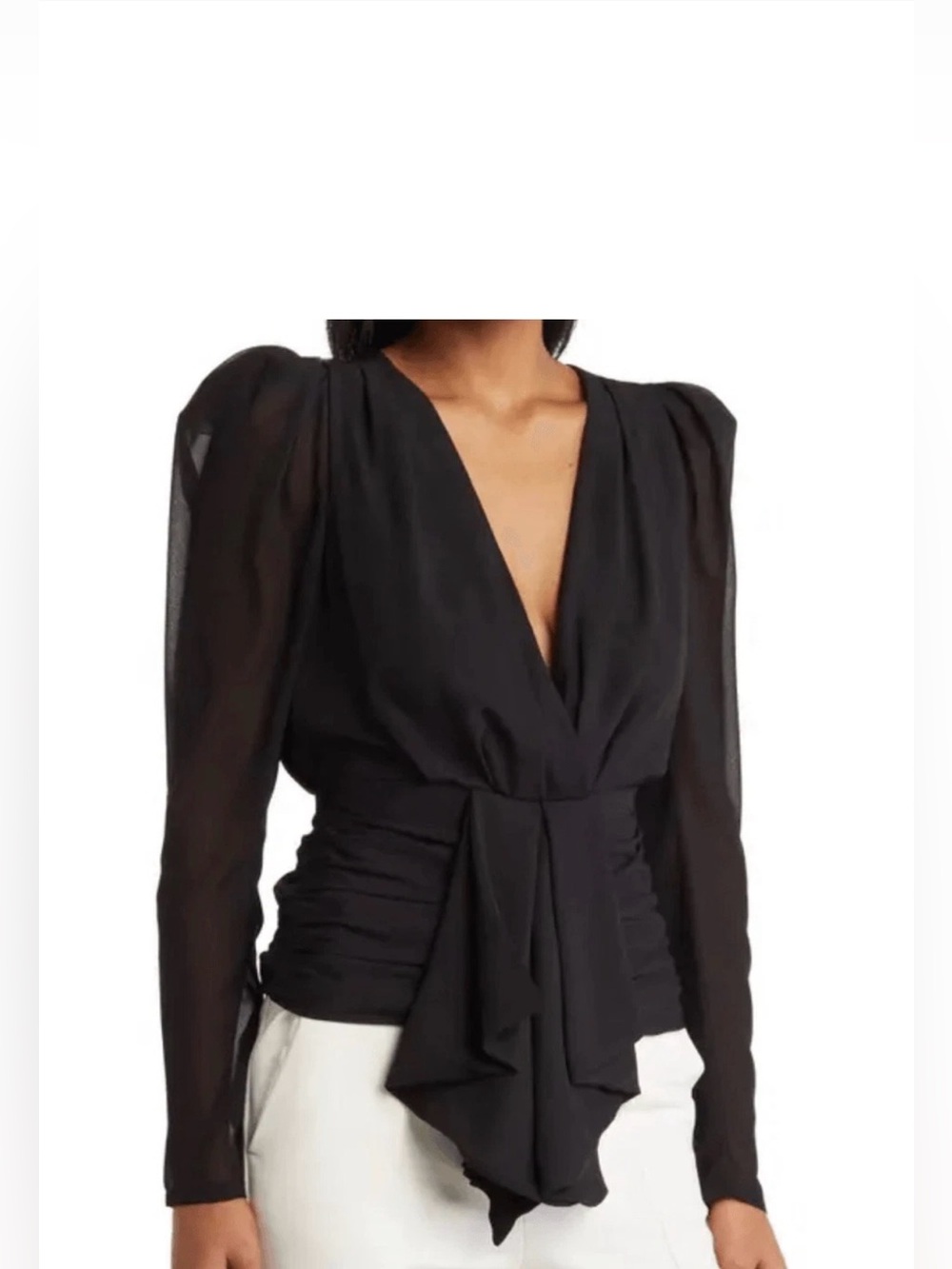 Ronny Kobo Collection Black Sheer Puff Sleeve V-Neck Wrap Top